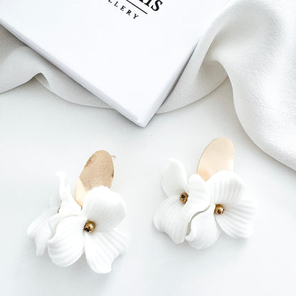 Dahlia Brushed Gold Oval Porcelain Flower Earrings
