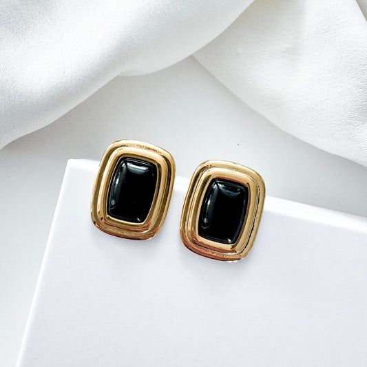 Black Rectangle Gold Earrings, Waterproof, Stainless Steel Statement Earrings
