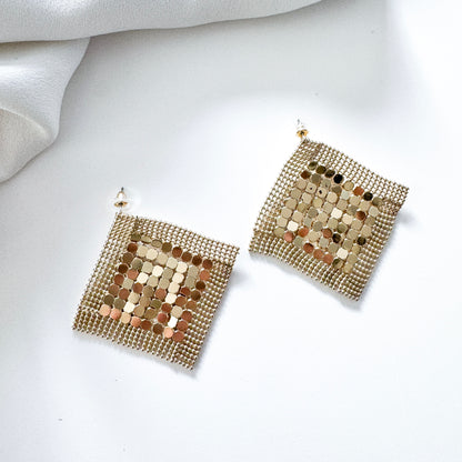 Gold Metal Sequin Square Diamond Sparkly Statement Earrings for Parties and Nights Out
