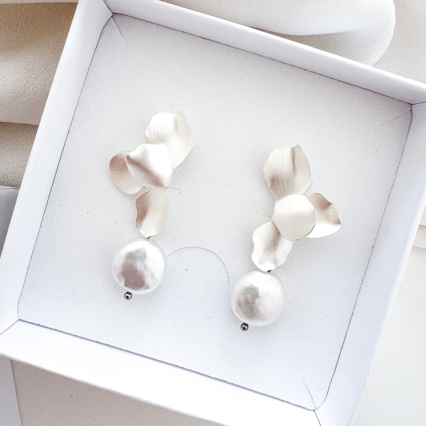 Silver Folded Flower Pearl Earrings
