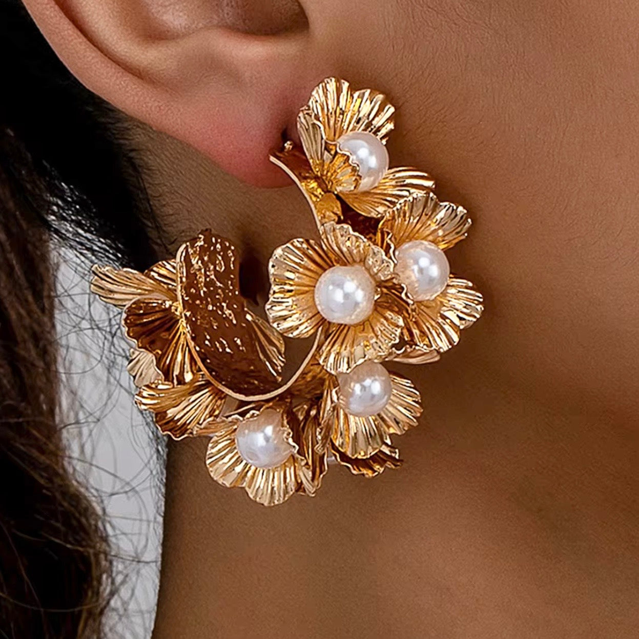 Statement Gold Flower and Pearl Centre Hoop Earrings