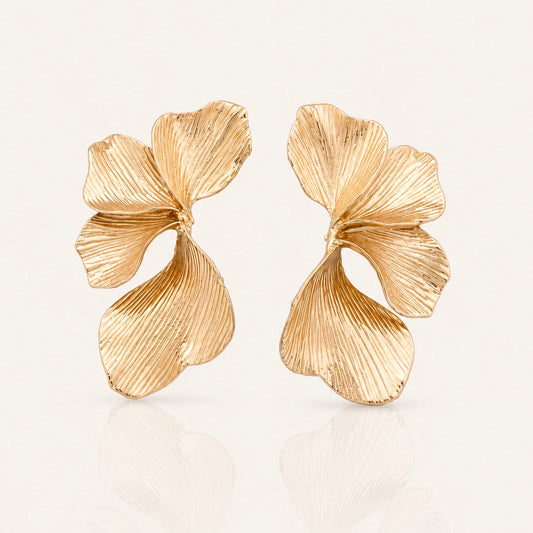 Statement Gold Iris Petal Flower Earrings - Holiday, Christmas & Party Jewellery