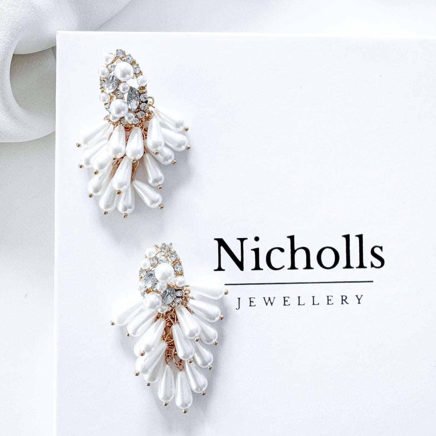 Pearl Tassel Dangle Statement Earrings with Oval Sparkle and Pearl Top Detail