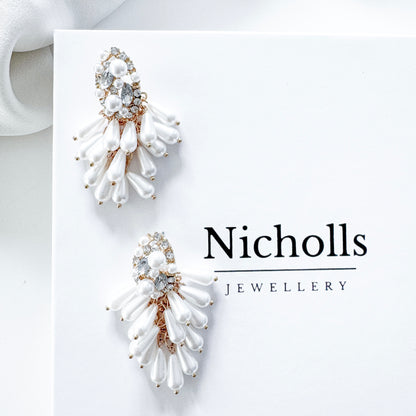 Pearl Tassel Dangle Statement Earrings with Oval Sparkle and Pearl Top Detail