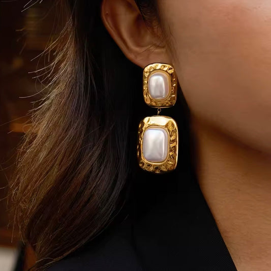Gold Rectangle Pearl Earrings – Waterproof Everyday & Bridal Statement Earrings