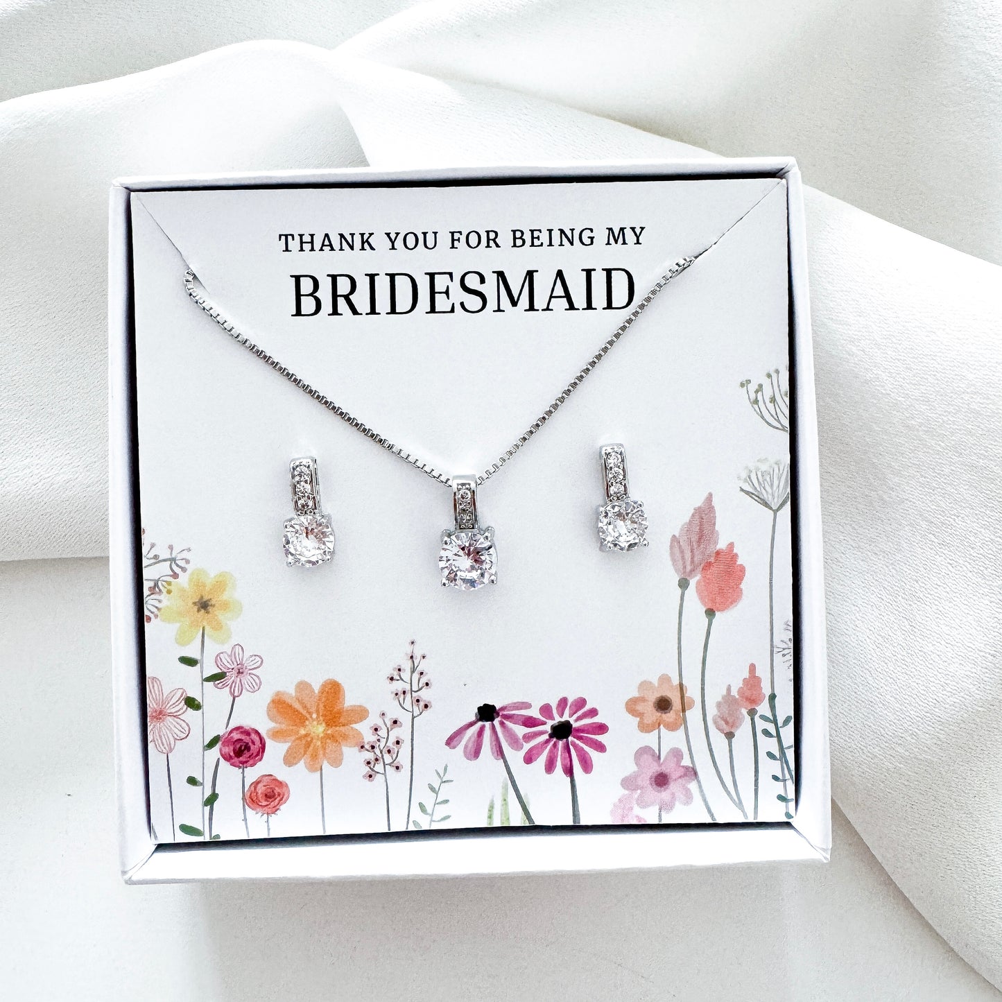 Square Cubic Zirconia Bridesmaid Jewellery Gift Set – Crystal Earrings & Matching Necklace