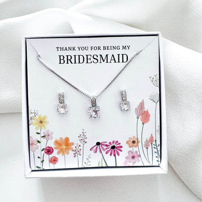 Square Cubic Zirconia Bridesmaid Jewellery Gift Set – Crystal Earrings & Matching Necklace