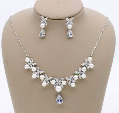 Cubic Zirconia & Pearl Bridal Necklace and Earrings Set – Romantic Wedding Jewellery