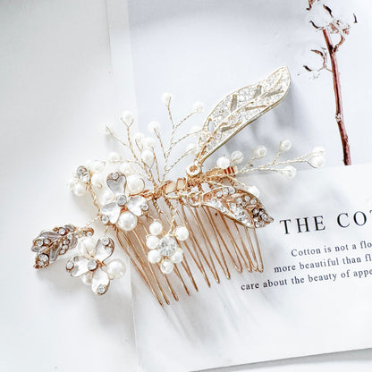 Gold Metal Rhinestone Crystal Leaf and Scatter Pearl Comb