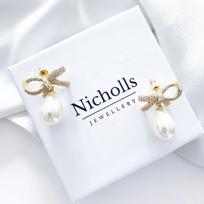 Crystal Bow & Pearl Earrings Gold