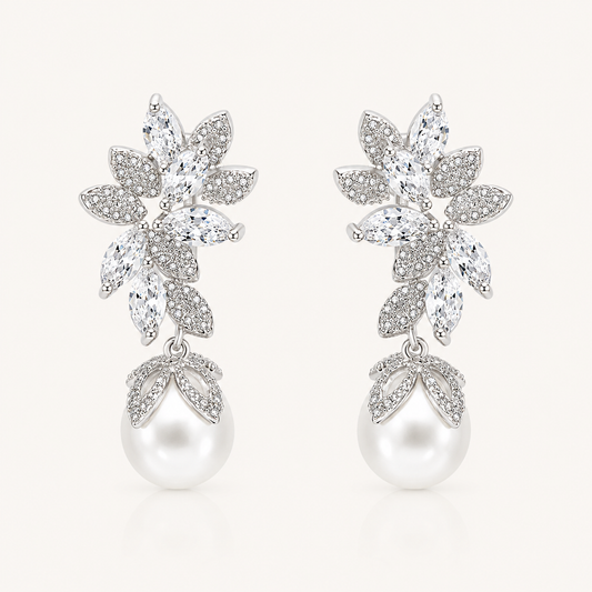 Glamourous Cubic Zirconia Crystal and Pearl Dangle Earrings