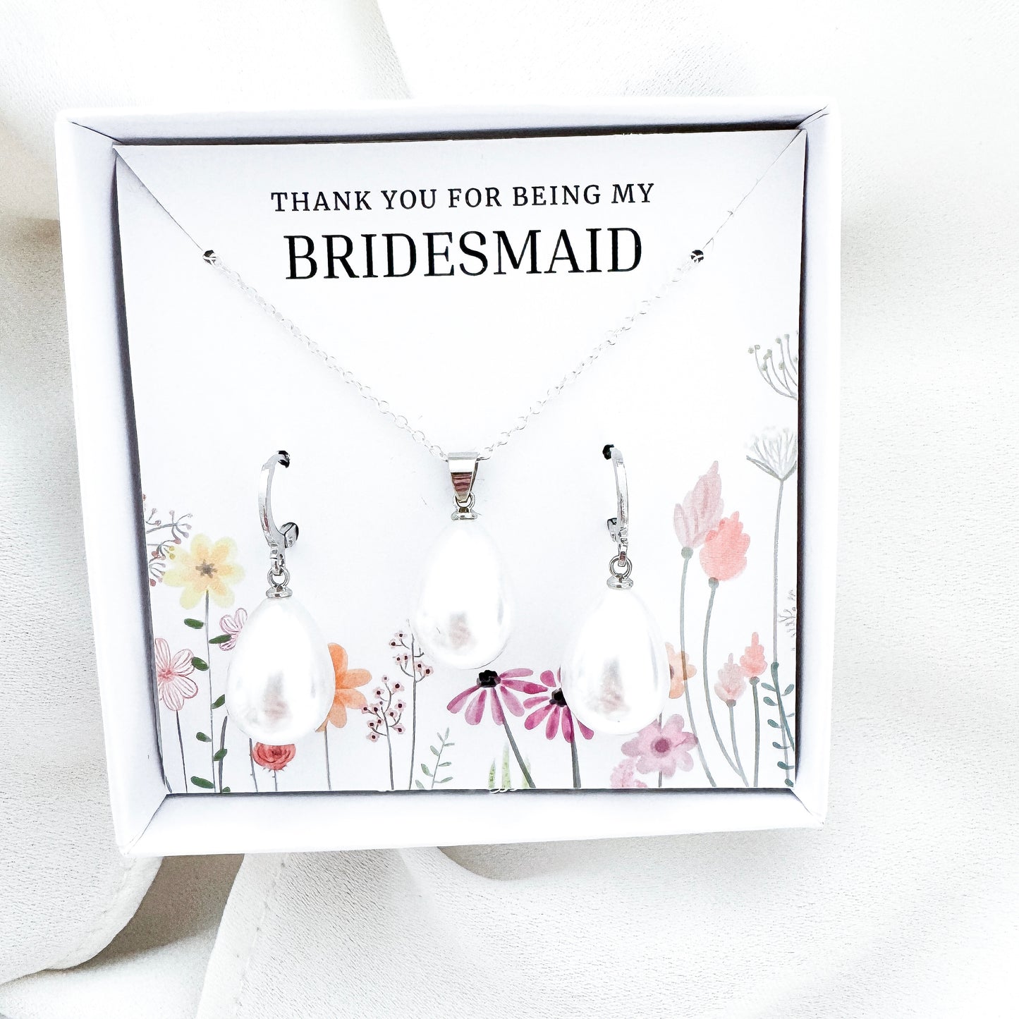 Bridesmaid Pearl Teardrop Huggie Jewellery Gift Set – Sterling Silver Pearl Necklace & Earrings