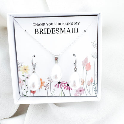 Bridesmaid Pearl Teardrop Huggie Jewellery Gift Set – Sterling Silver Pearl Necklace & Earrings