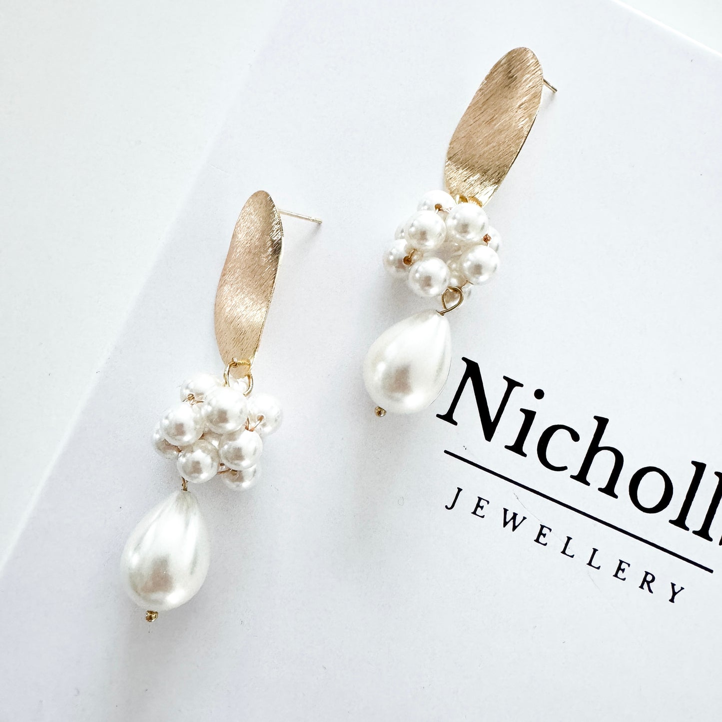 Brushed Gold Oval Cluster Ball and Chunky Pearl Statement Earrings