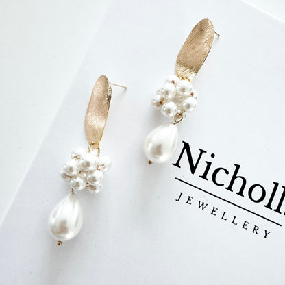 Brushed Gold Oval Cluster Ball and Chunky Pearl Statement Earrings