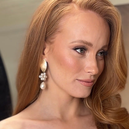 Brushed Gold Oval Cluster Ball and Chunky Pearl Statement Earrings