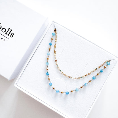 Double Layer Blue Bead Necklace | Waterproof 18k Gold Plated Necklace