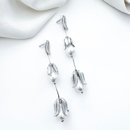 Silver Leaf and Pearl Drop Earrings - Bridal, Holiday and Party Jewellery