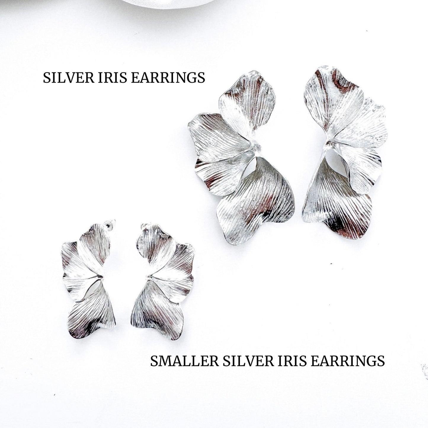 Smaller Silver Iris Petal Flower Earrings - Holiday, Christmas & Party Jewellery