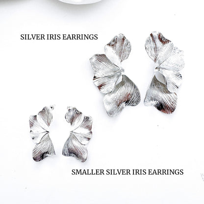 Smaller Silver Iris Petal Flower Earrings - Holiday, Christmas & Party Jewellery