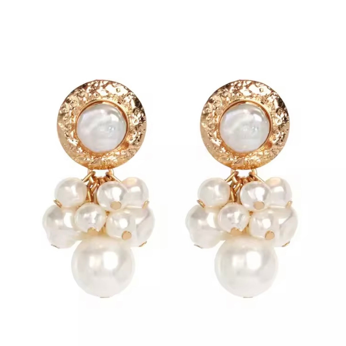 Gold and Pearl Cluster Drop Modern Grecian Earrings