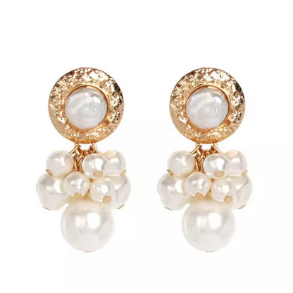 Gold and Pearl Cluster Drop Modern Grecian Earrings
