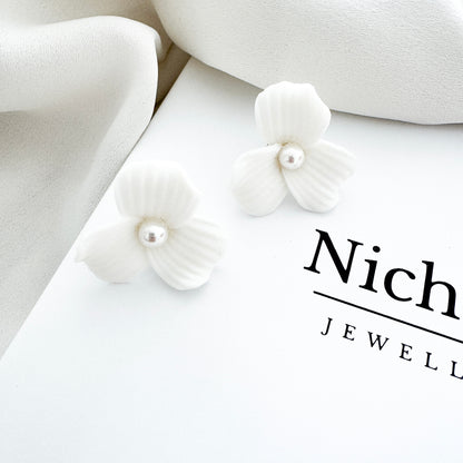 Delicate Porcelain Flower & Pearl Stud Earrings