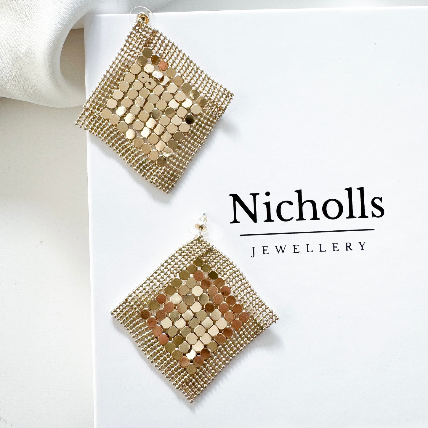 Gold Metal Sequin Square Diamond Sparkly Statement Earrings for Parties and Nights Out