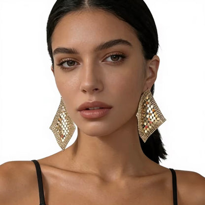 Gold Metal Sequin Square Diamond Sparkly Statement Earrings for Parties and Nights Out