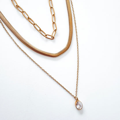 Triple Layer Waterproof Gold Necklace Snake Bone, Paper Chain and Zircon Crystal | 18k Gold PVD Stainless Steel