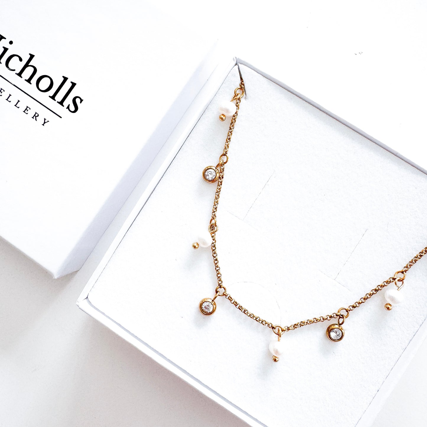Pearl & Crystal Charm Necklace | Waterproof 18k Gold Plated Necklace