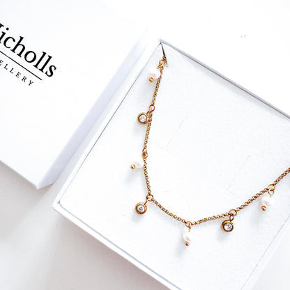 Pearl & Crystal Charm Necklace | Waterproof 18k Gold Plated Necklace