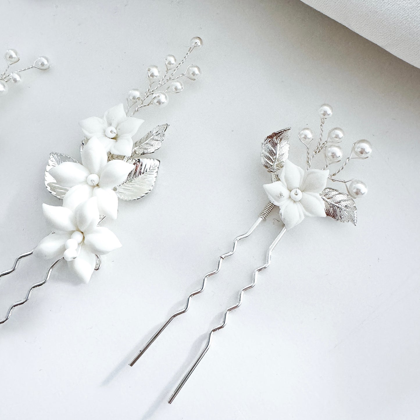 Bridal Porcelain Flower Hair Pins with Pearls – Elegant Wedding Hair Accessories (Set of 3)