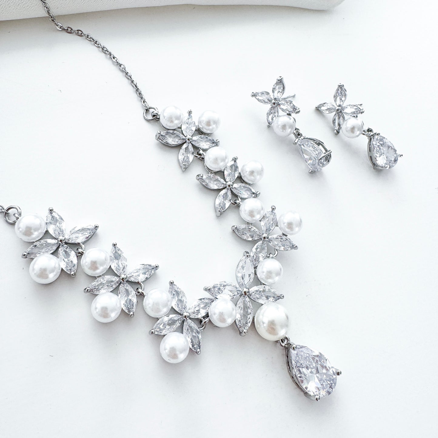 Cubic Zirconia & Pearl Bridal Necklace and Earrings Set – Romantic Wedding Jewellery