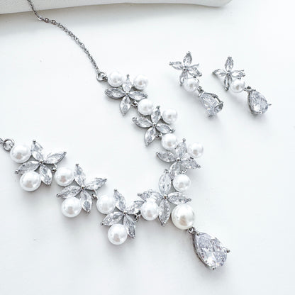 Cubic Zirconia & Pearl Bridal Necklace and Earrings Set – Romantic Wedding Jewellery