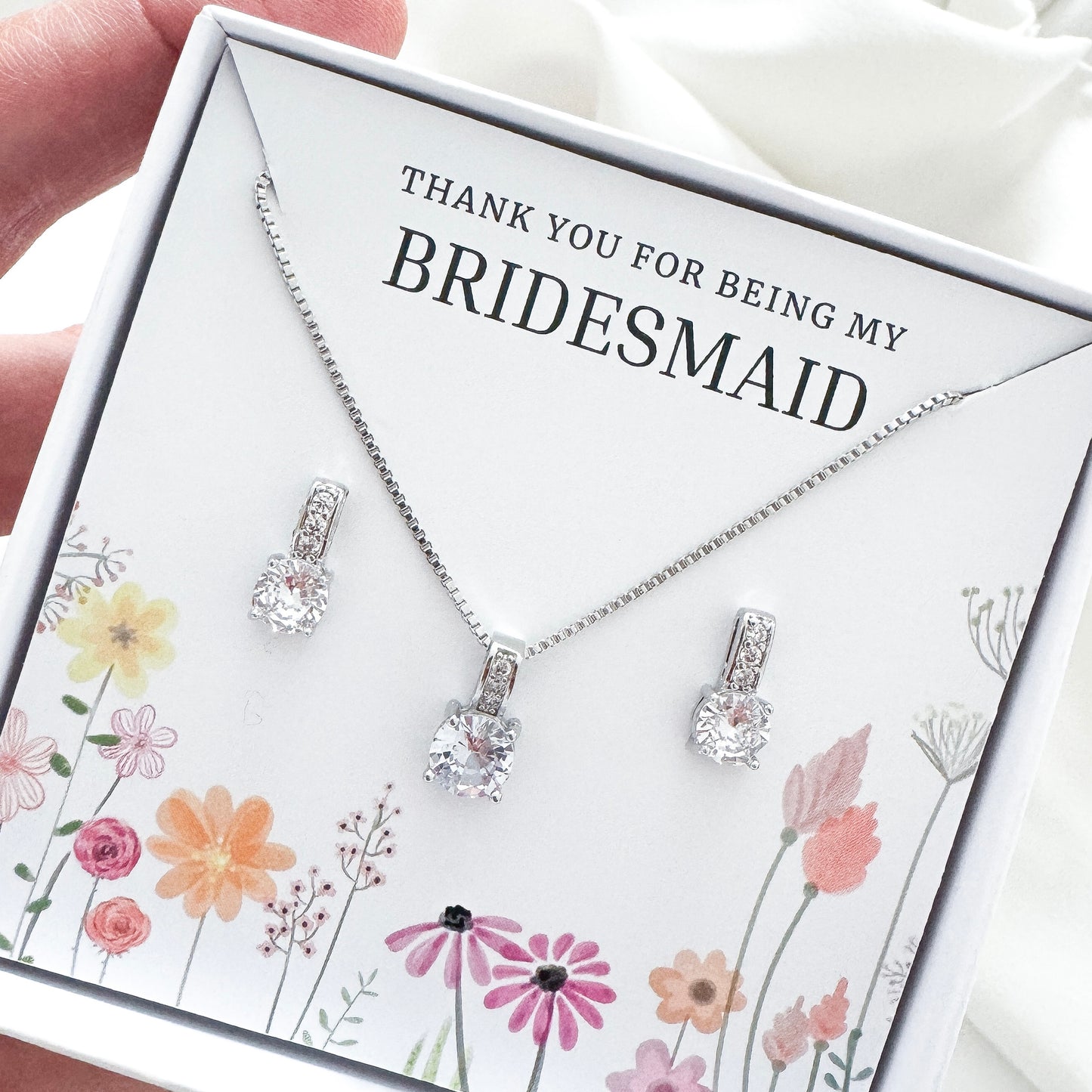 Square Cubic Zirconia Bridesmaid Jewellery Gift Set – Crystal Earrings & Matching Necklace