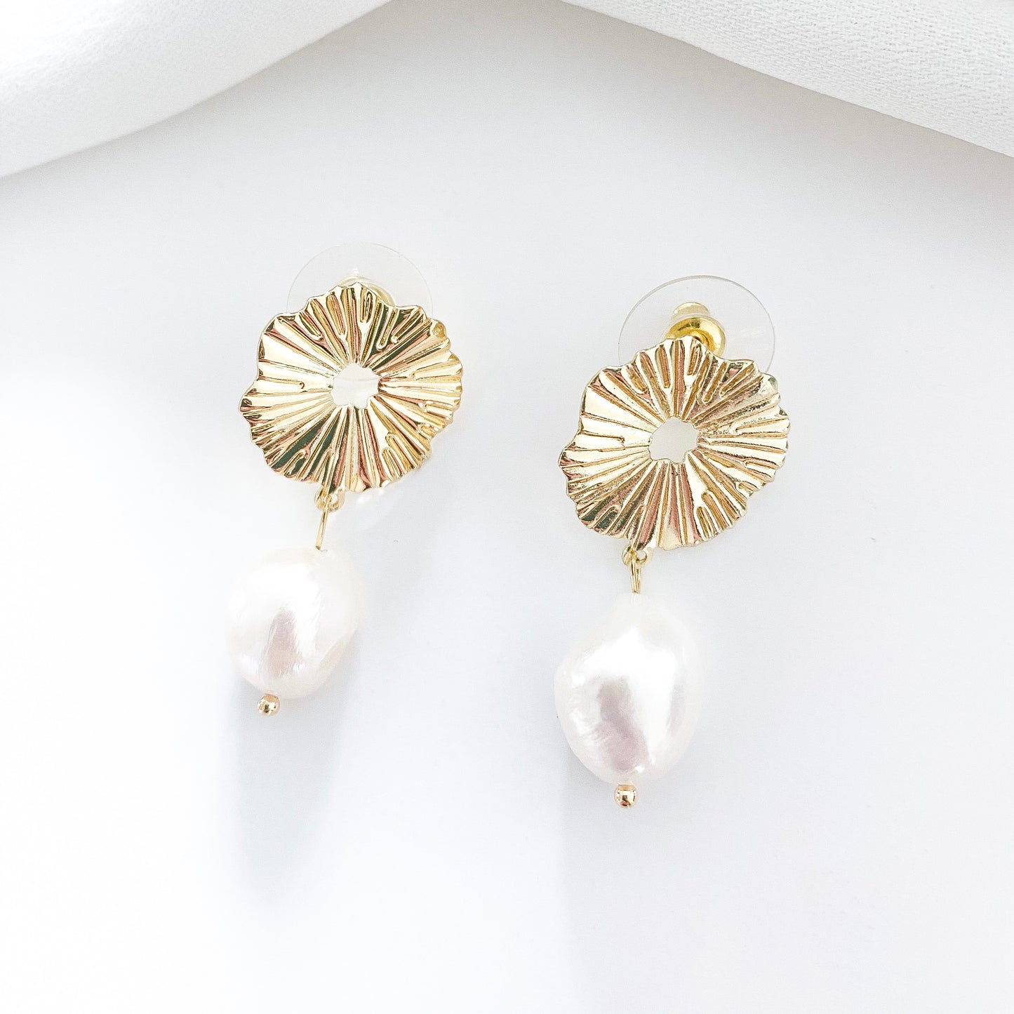 Freshwater Pearl and 14k Gold Circle Fan Earrings