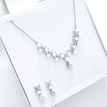 Cubic Zirconia & Pearl Bridal Necklace and Earrings Set – Romantic Wedding Jewellery