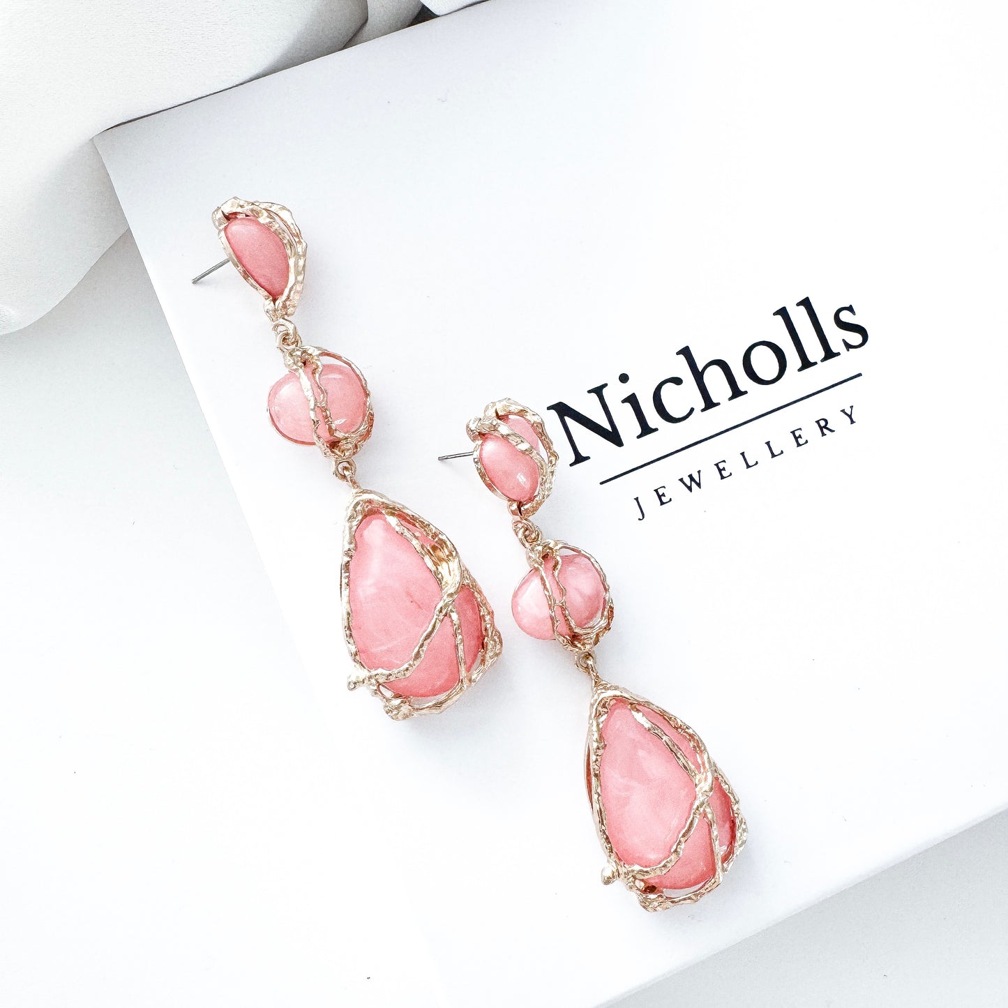 Gold Drip & Salmon Pink Crystal Drop Earrings – Statement Party, Bridal & Christmas Jewellery