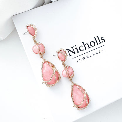 Gold Drip & Salmon Pink Crystal Drop Earrings – Statement Party, Bridal & Christmas Jewellery