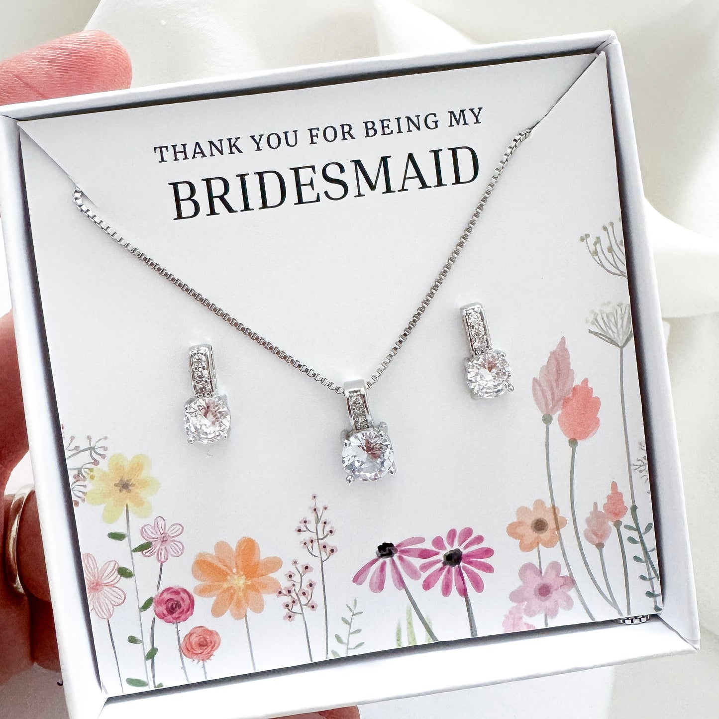 Square Cubic Zirconia Bridesmaid Jewellery Gift Set – Crystal Earrings & Matching Necklace