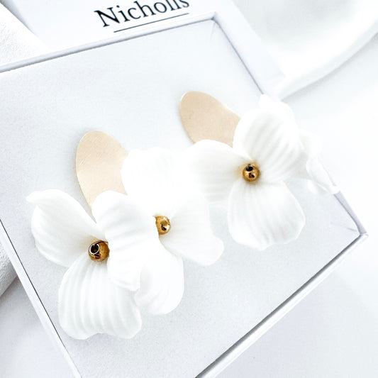 Dahlia Brushed Gold Oval Porcelain Flower Earrings