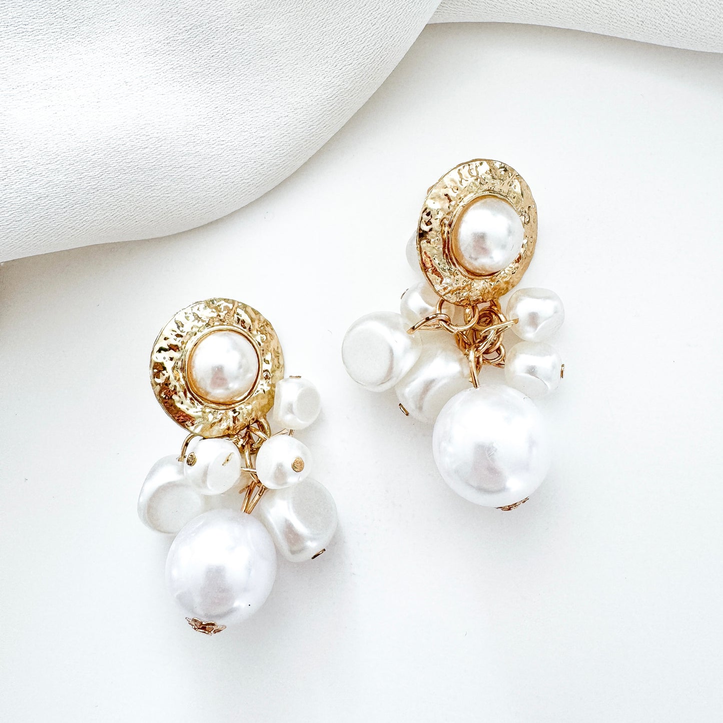 Gold and Pearl Cluster Drop Modern Grecian Earrings