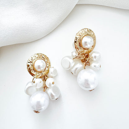 Gold and Pearl Cluster Drop Modern Grecian Earrings