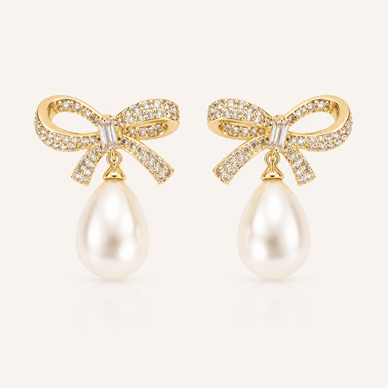 Gold Crystal Bow & Pearl Earrings Gold - Bridal, Christmas & Party Jewellery