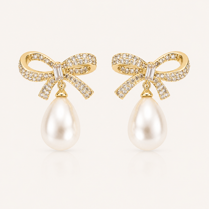 Gold Crystal Bow & Pearl Earrings Gold - Bridal, Christmas & Party Jewellery