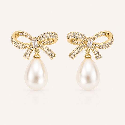 Gold Crystal Bow & Pearl Earrings Gold - Bridal, Christmas & Party Jewellery