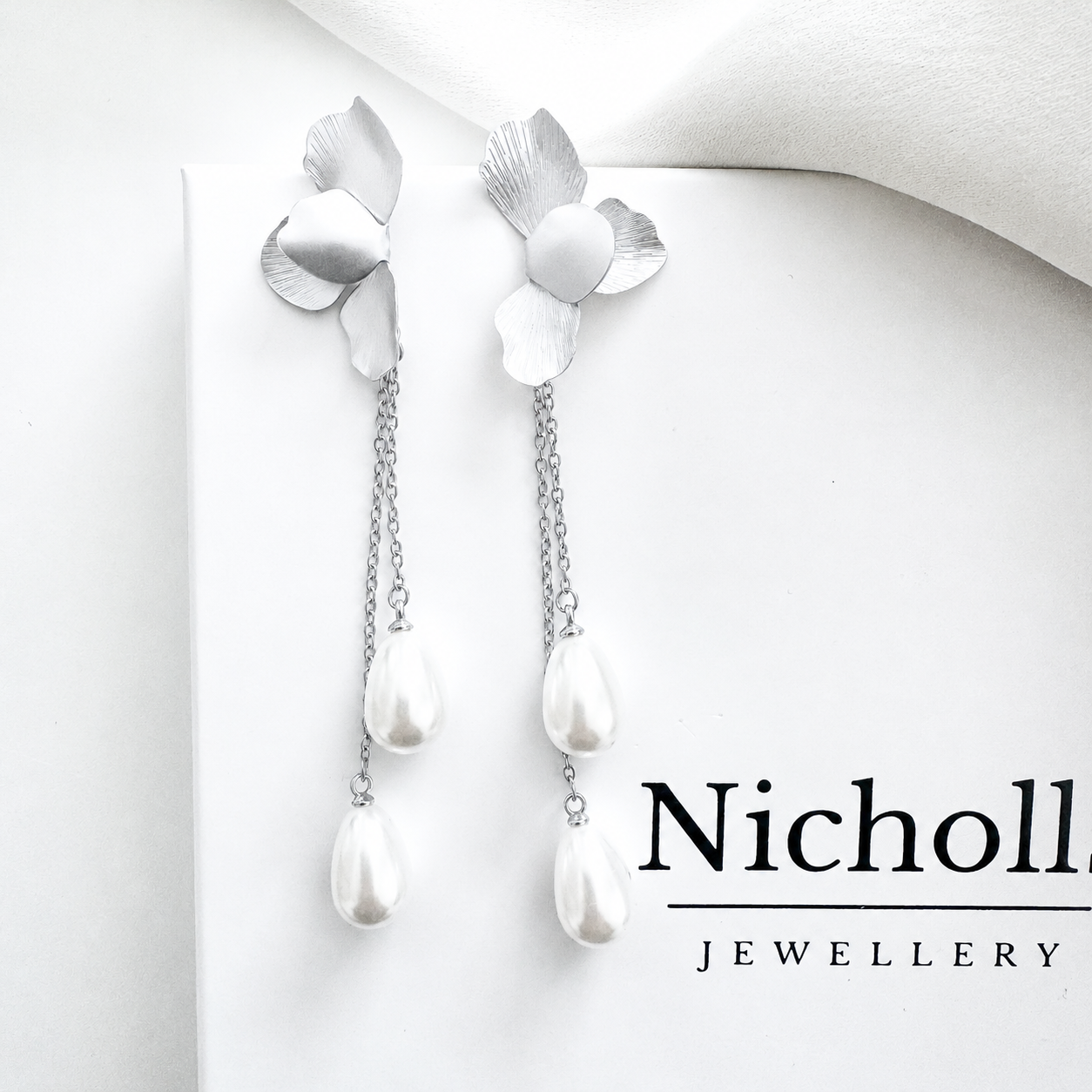 Silver Folded Flower Chain and Dainty Teardrop Pearl Earrings