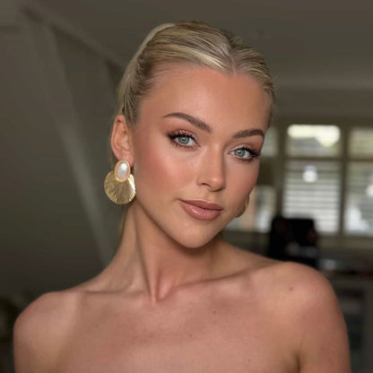 Gold Disc Fan and Pearl Earrings