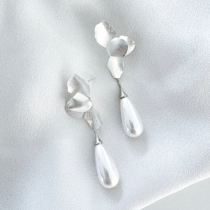 Silver Folded Flower Teardrop Pearl Earrings